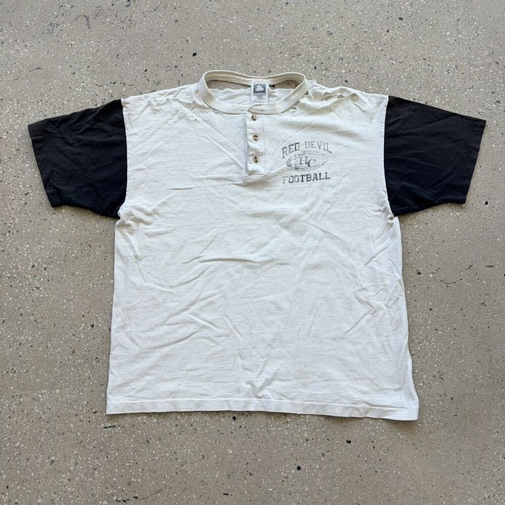 Vintage 90s Red Devil White/Black Distressed Henley Shirt